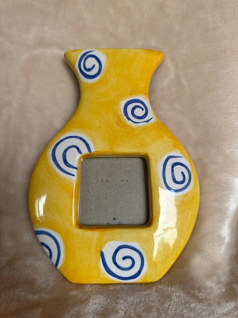 90s Retro Vase Picture Frame Flower Display Gold Blue Swirls Holds 2.5x2.5 Pic